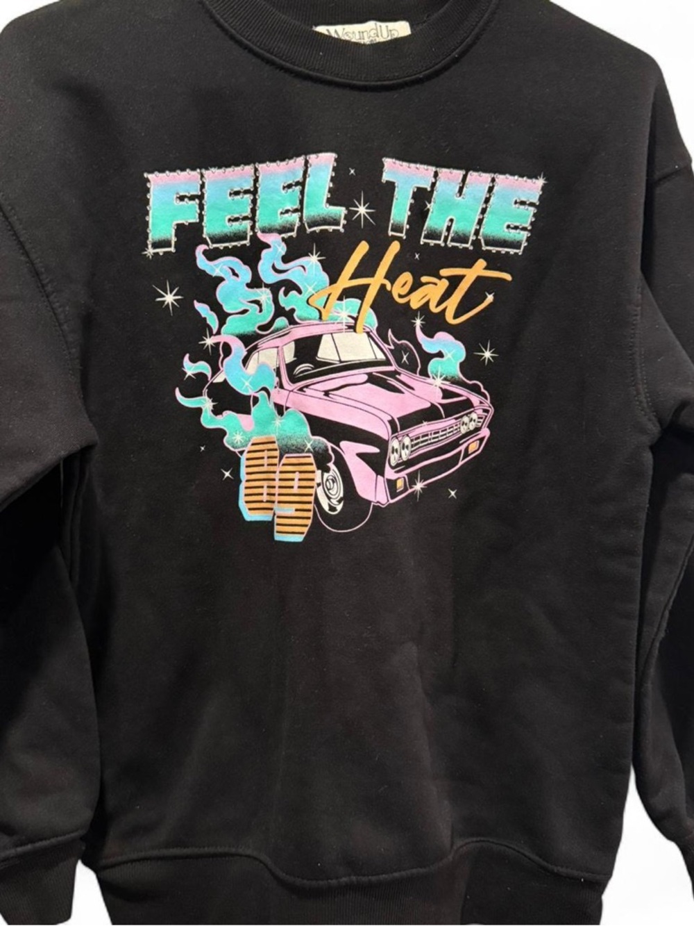 Wound Up Black Sweatshirt with Gemstones and Classic Car Design